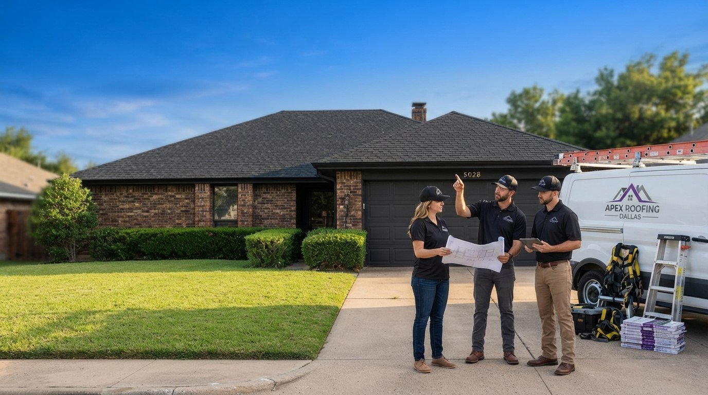 David Thompson and the Apex Roofing Dallas crew reviewing roof plans in front of a brick home on Hollow Ridge Road in Dallas, with the branded service van in the driveway